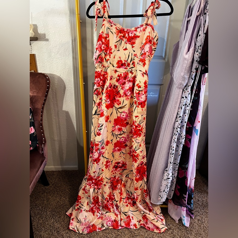 Smack Parlour - Medium- Peachy Pink Floral Maxi Dress - Tie Straps